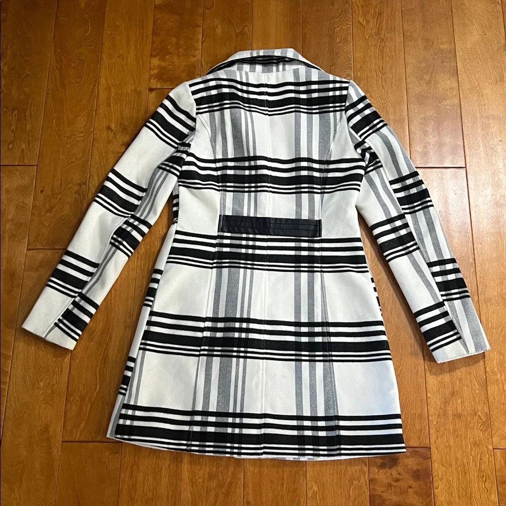 Iz Byer Plaid Pea Coat Size S Black White Preppy Trench Quiet Luxury Classic - Picture 10 of 14